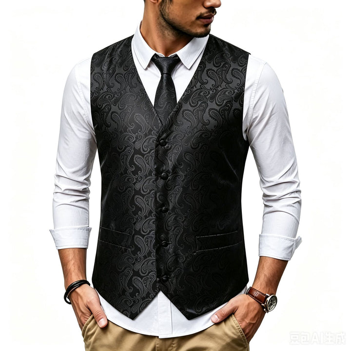 Men's Satin Jacquard Vest with Paisley Pattern and Matching Tie Mune Fashion