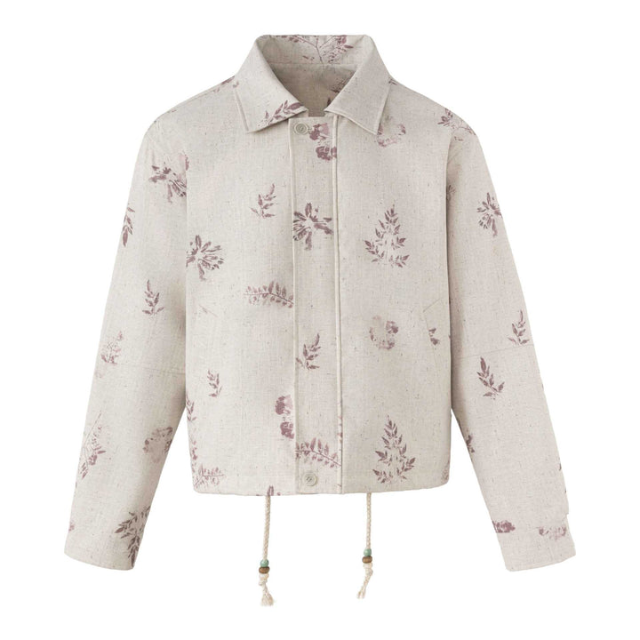 Women's Short Floral Linen Blouson with Drawstring, Concealed Button Placket and Shirt Collar Mune Fashion