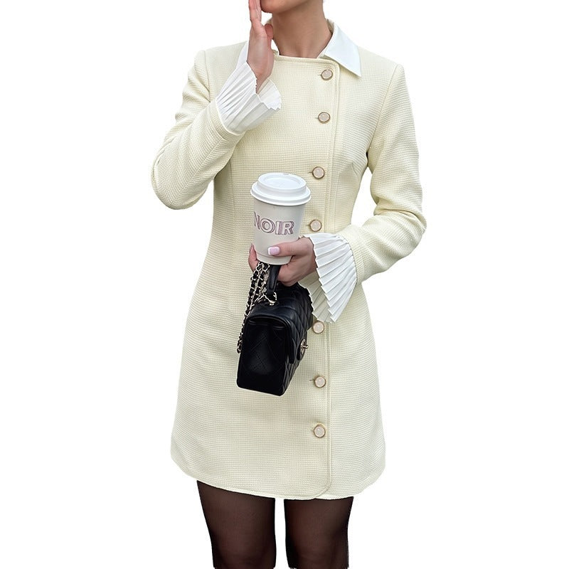 Women's Elegant Short Coat Dress with Asymmetrical Button Placket, Pleated Cuffs & Shirt Collar Mune Fashion
