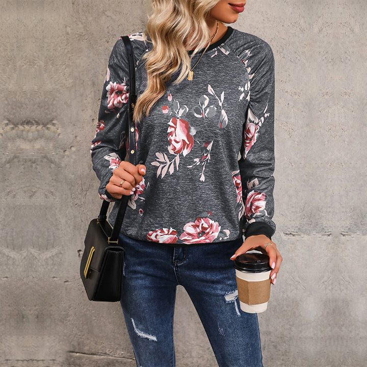Women's Casual Raglan Sweatshirt with Floral Print and Ribbed Cuffs Mune Fashion