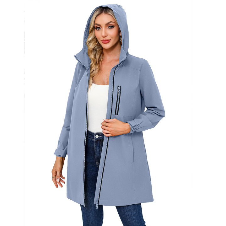 Women's long slim functional rain jacket with full-length zipper, chest zip pocket, and velcro cuffs Mune Fashion