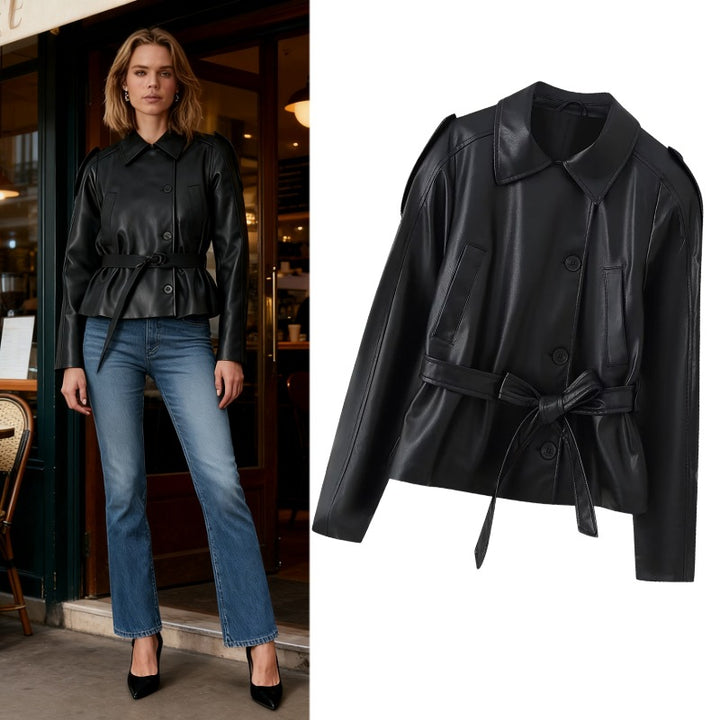 Women's Short Tailored Faux Leather Jacket with Ties and Shirt Collar Mune Fashion