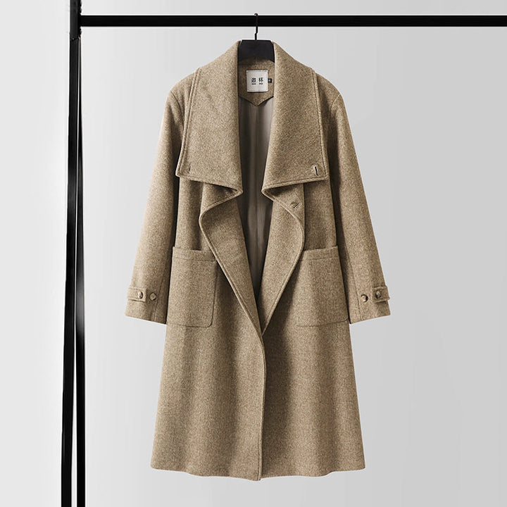 Ladies Elegant long wool mix cocoon coat with overlapping shawl collar and patch pockets Mune Fashion