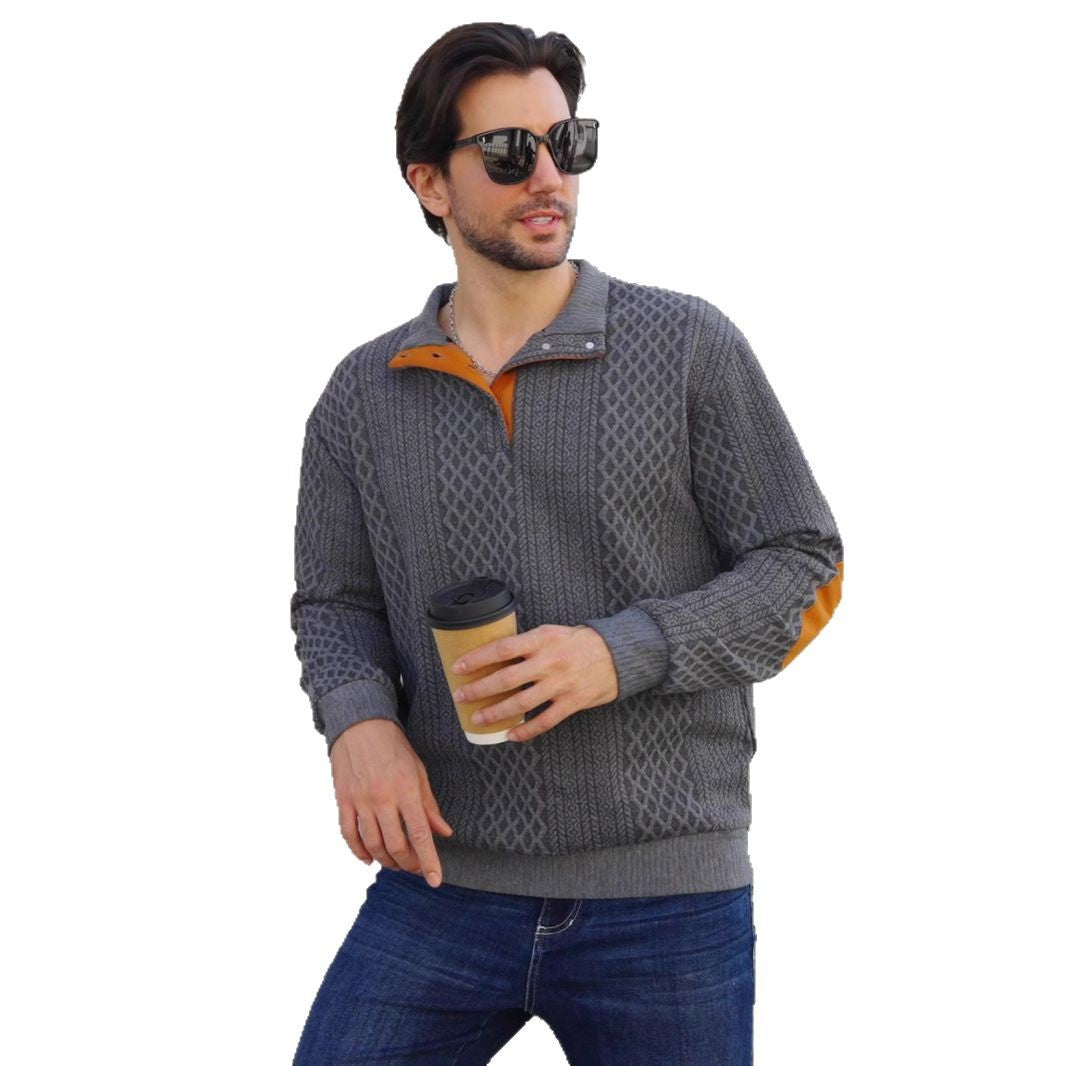 Men's structured Henley pullover with stand-up collar, button placket and leather-look elbow patches Mune Fashion