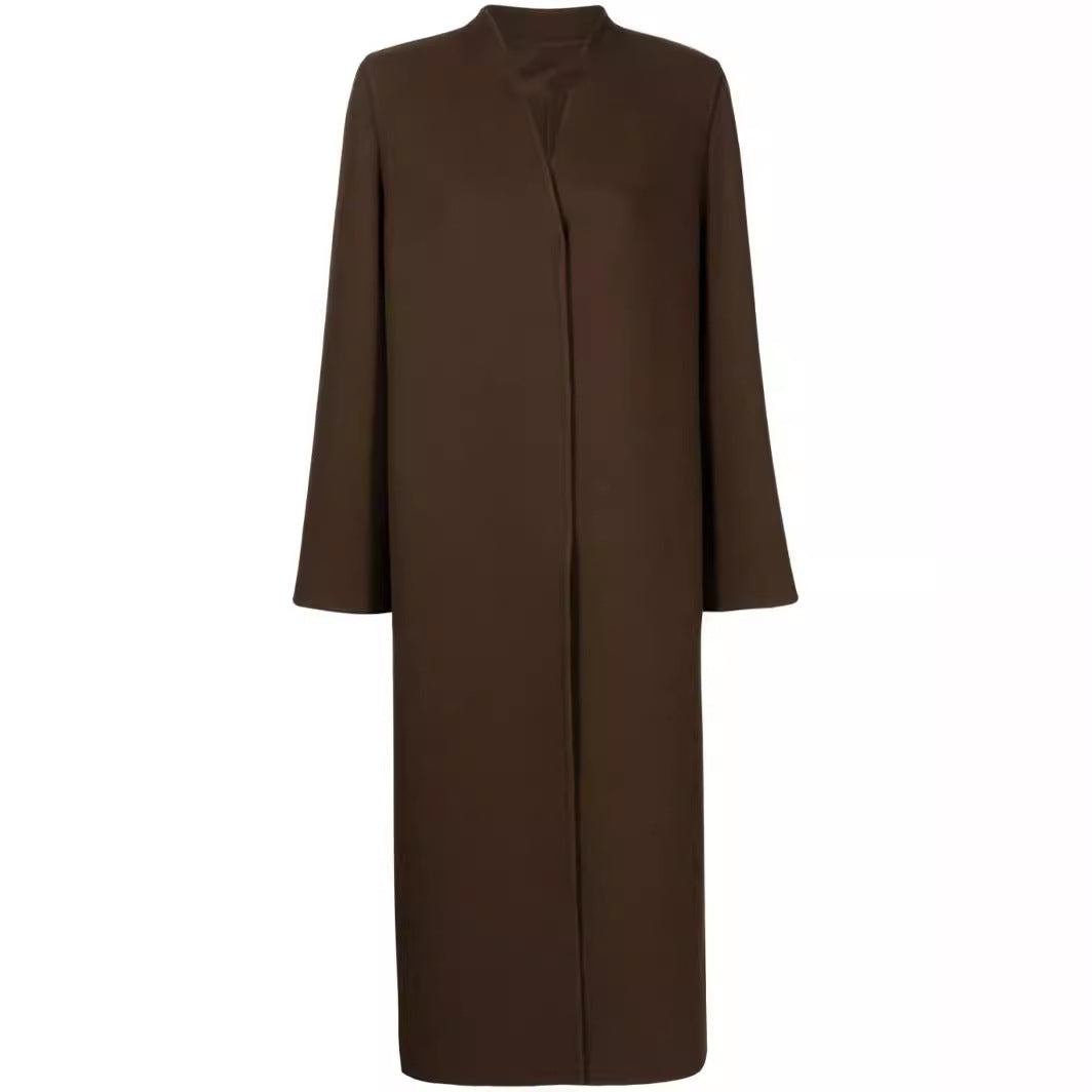 Women's Maxi-Length Minimalist Coat with Concealed Front and Boxy Shoulder Mune Fashion