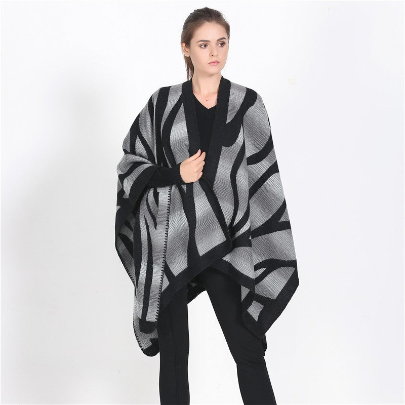 Women's textured knit cape with asymmetric wrap style and jacquard pattern Mune Fashion