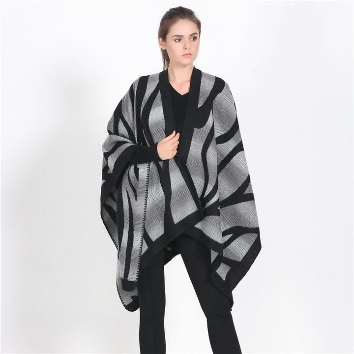 Women's textured knit cape with asymmetric wrap style and jacquard pattern Mune Fashion