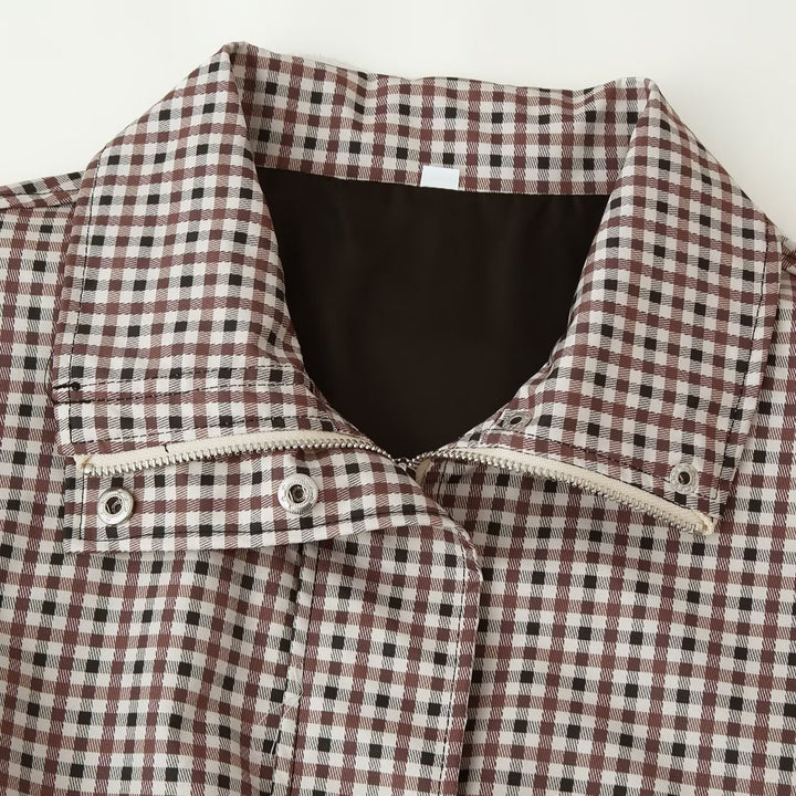 Women's Checked Cropped Field Jacket with Drawstring Hem, Stand-Up Collar and Boxy Silhouette Mune Fashion
