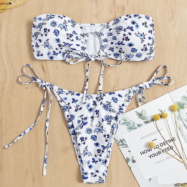 Women's bandeau bikini with romantic floral design and adjustable lacing details Mune Fashion