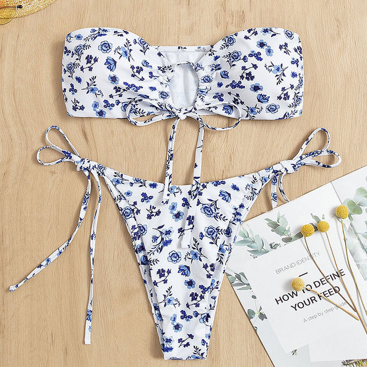 Women's bandeau bikini with romantic floral design and adjustable lacing details Mune Fashion