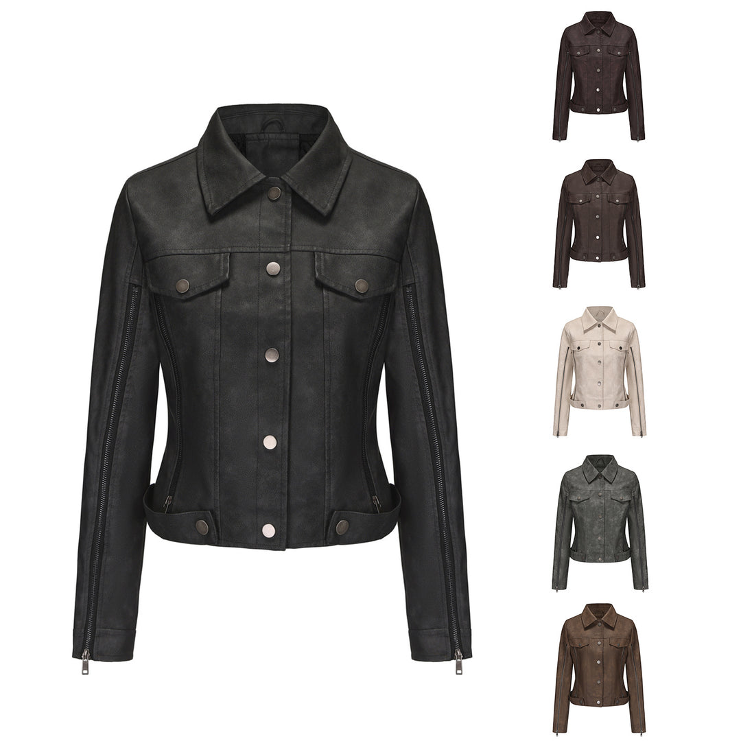 Ladies short cropped trucker jacket made of suede look with side zippers and patch chest pockets Mune Fashion
