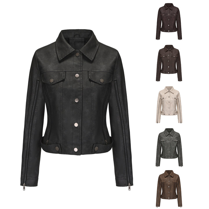 Ladies short cropped trucker jacket made of suede look with side zippers and patch chest pockets Mune Fashion