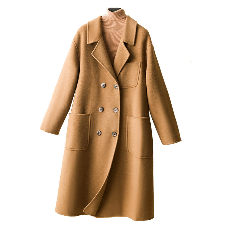Women's Oversized Double-Breasted Wool Blend Coat with Patch Pockets Mune Fashion