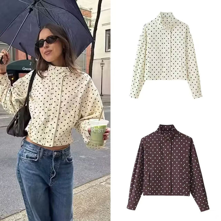 Women Polka Dot Short Jacket with Stand Collar and Concealed Snap Button Placket Mune Fashion