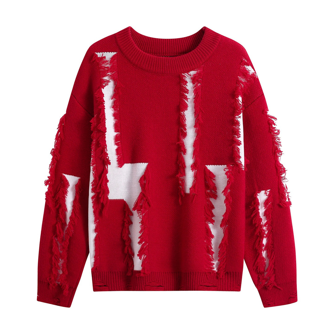 Women Oversize Knit Sweater with Fringe Applications and Destroyed Look Mune Fashion
