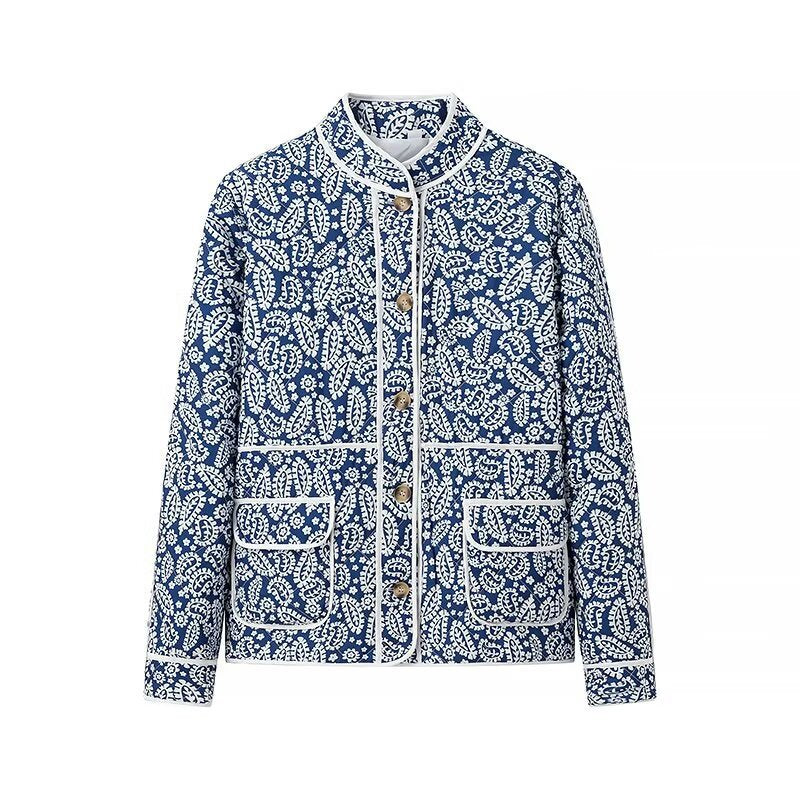 Women quilted transitional jacket withStand-up collar, paisley print and contrasting piping Mune Fashion