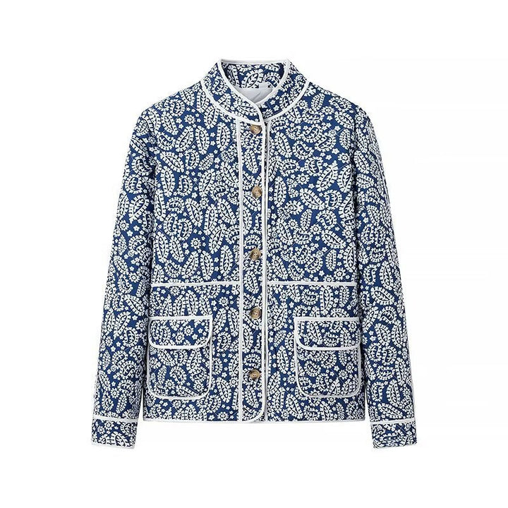 Women quilted transitional jacket withStand-up collar, paisley print and contrasting piping Mune Fashion