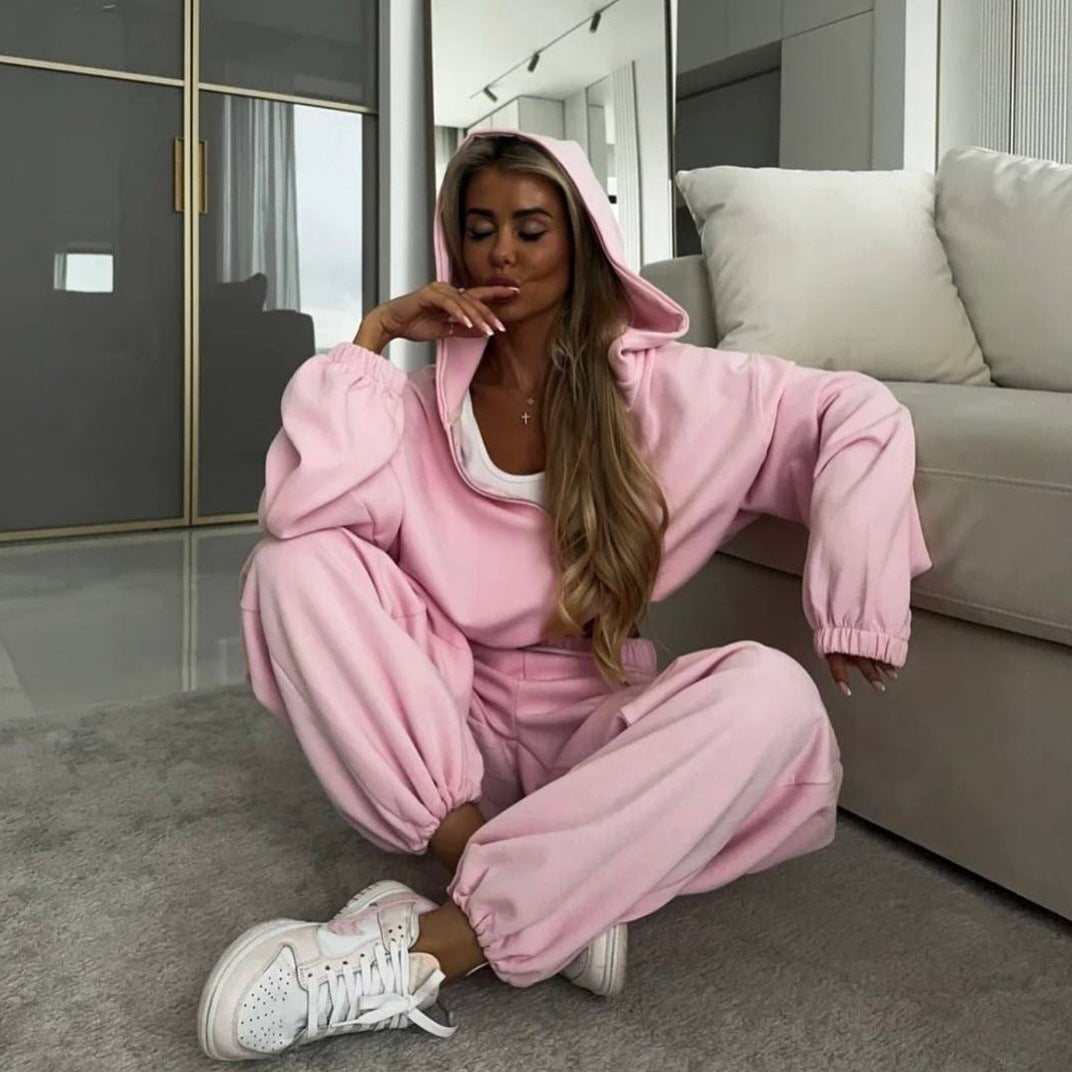 Women Loose-Fit Leisure Set with Zip Hood and Wide Palazzo Jogger Mune Fashion