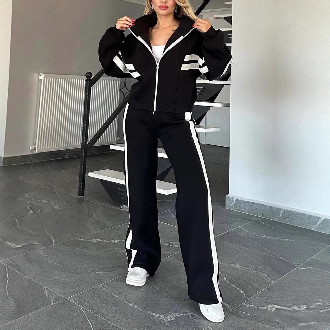 Women Two-Piece Sweat Set with Zipper Jacket and High-Waist Relaxed Jogging Pants Mune Fashion