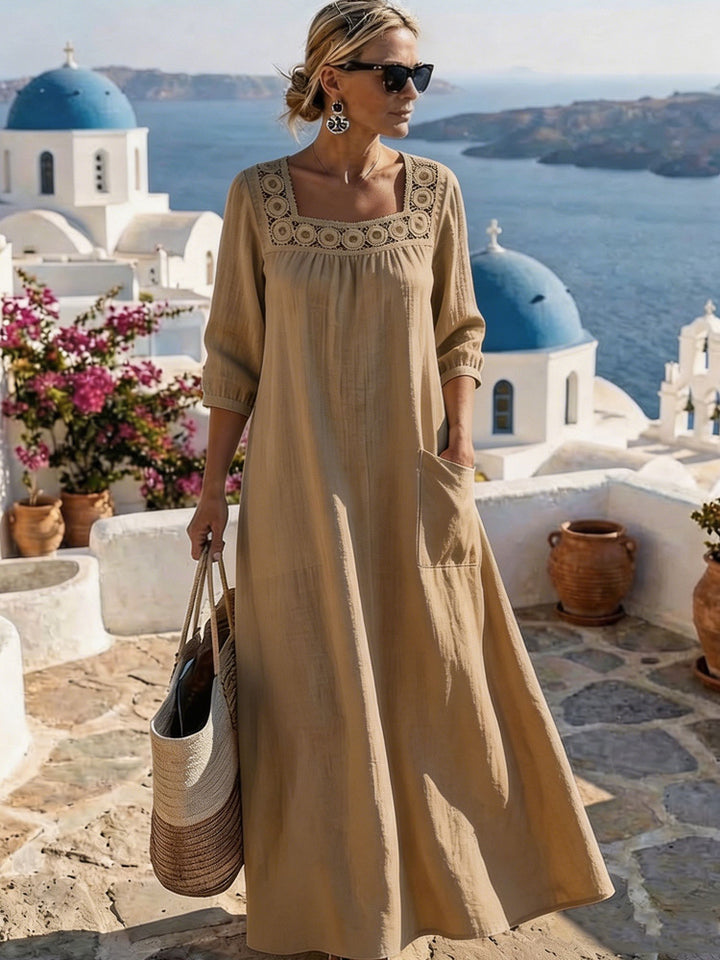 Ladies max dress with elegant round neckline and practical pockets Mune Fashion
