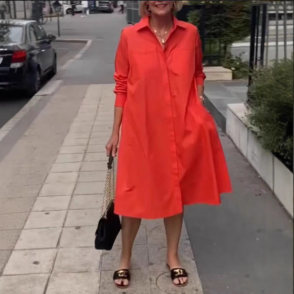 Women's Oversize Poplin Swing Hem Dress with Hidden Button Placket, Pockets, and Roll-Up Sleeves Mune Fashion