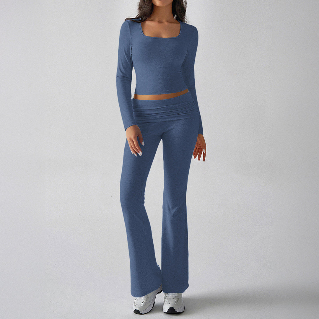 Women's figure-hugging cropped set with long-sleeve top with square neckline and flared high-waist yoga pants Mune Fashion