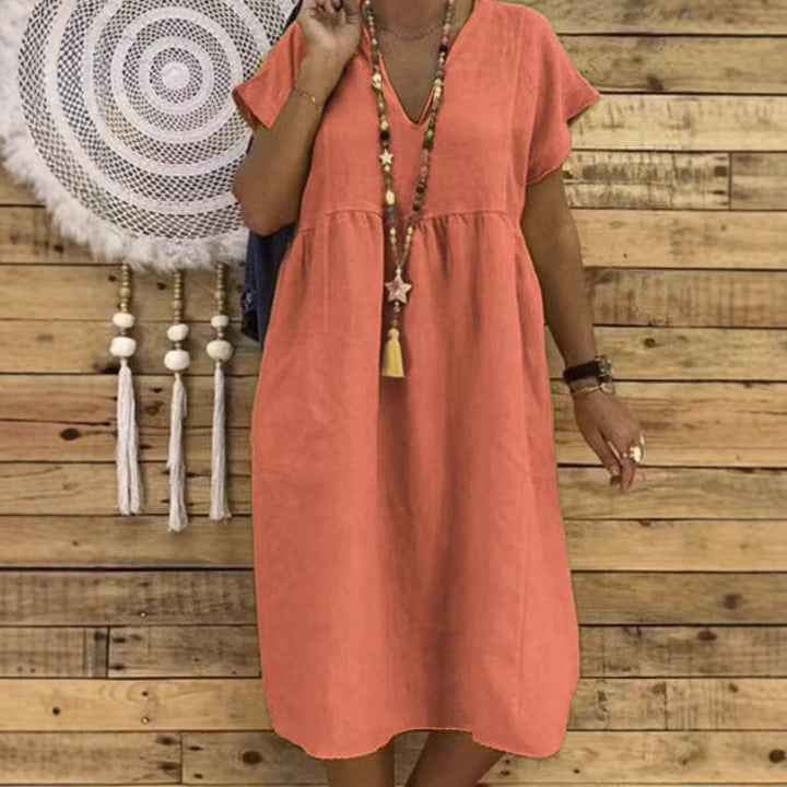Women's Linen Maxi Dress with V-Neck and Ruffle Details Mune Fashion