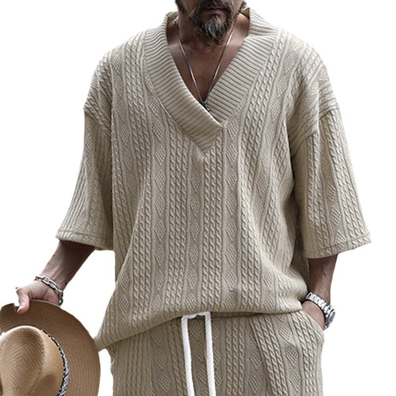 Men's oversized chunky knit sweater with deep V-neck and three-quarter sleeves Mune Fashion