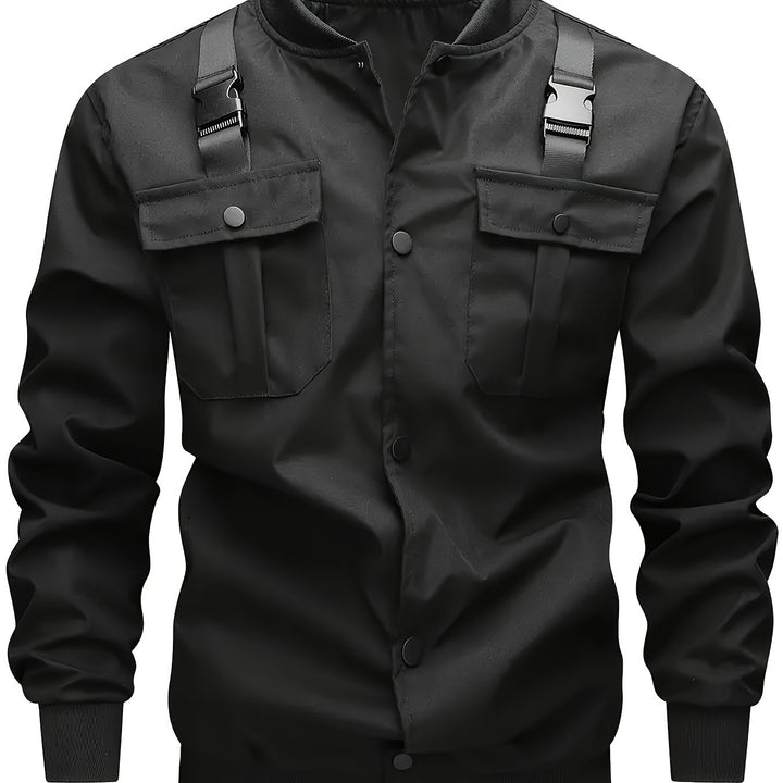 Men's Camouflage Utility-Style Bomber Jacket with Chest Pockets, Shoulder Straps, and Ribbed Cuffs Mune Fashion