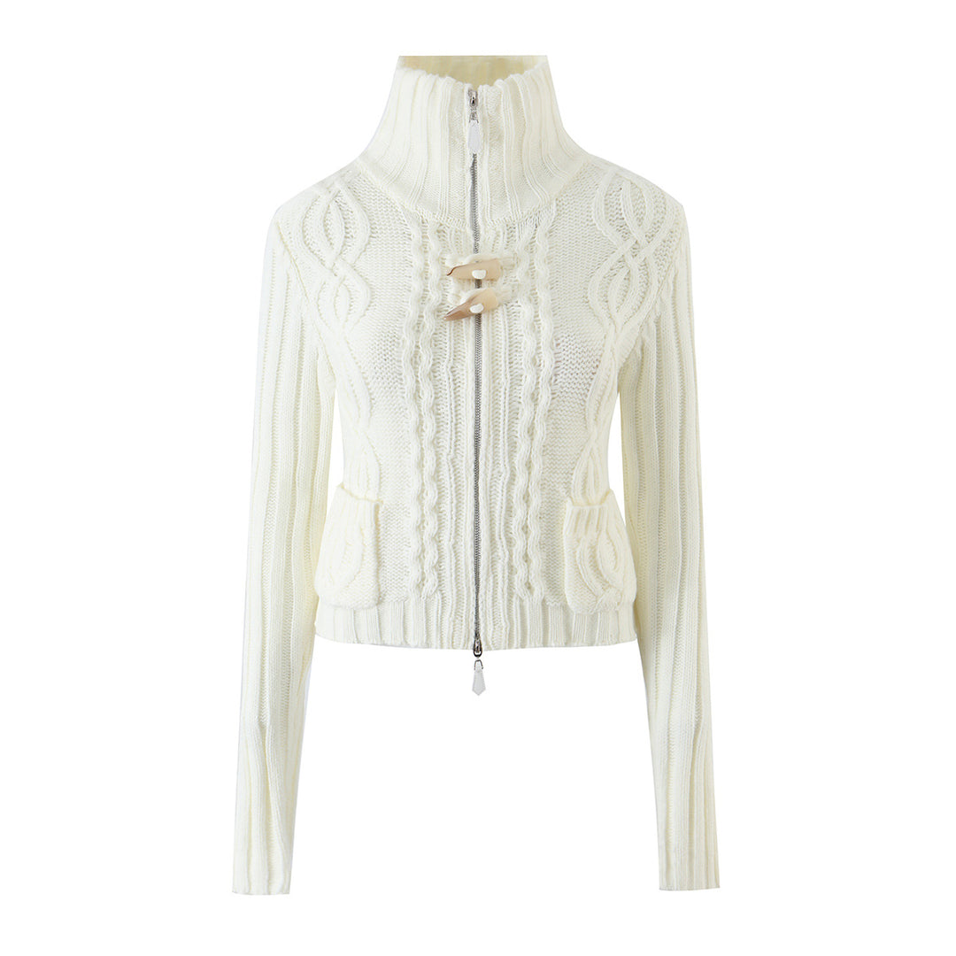 Ladies short knitted cardigan with stand-up collar, cable pattern, wooden button toggles and pockets Mune Fashion