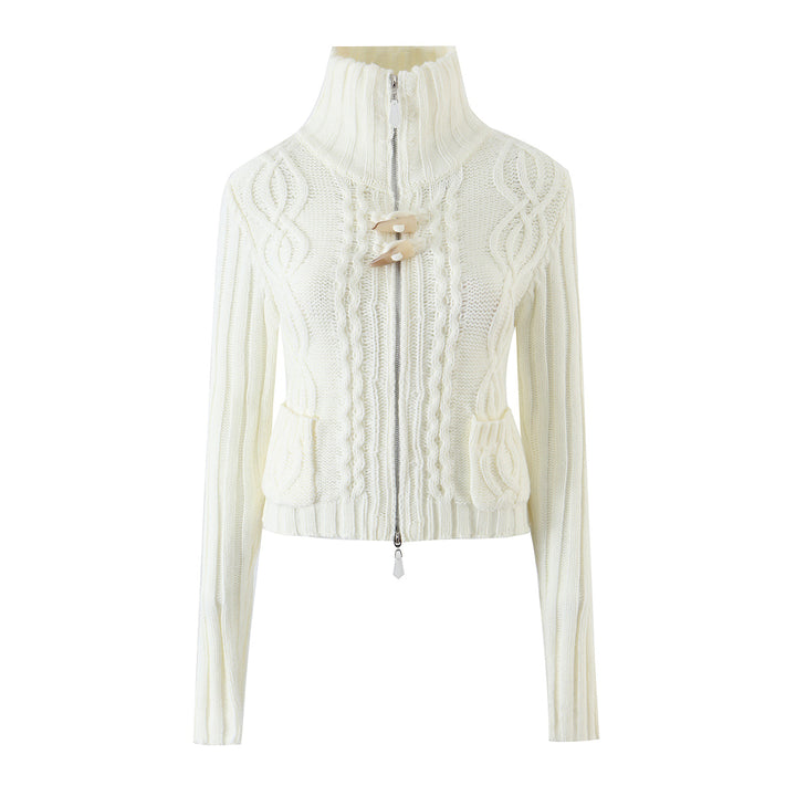Ladies short knitted cardigan with stand-up collar, cable pattern, wooden button toggles and pockets Mune Fashion