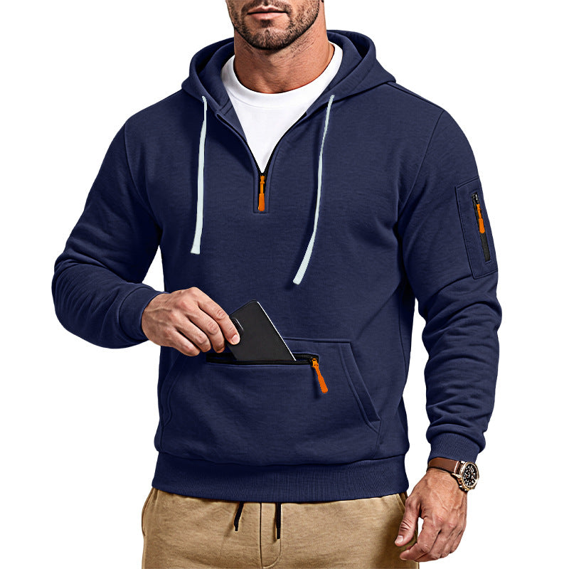 Men's sporty hoodie with half zipper and zippered kangaroo pocket Mune Fashion