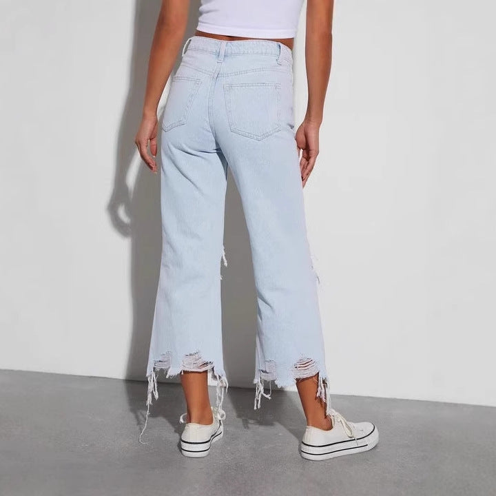 Women's nan cropped wide jeans with high waist, frayed hem and heavy knee ripping Mune Fashion