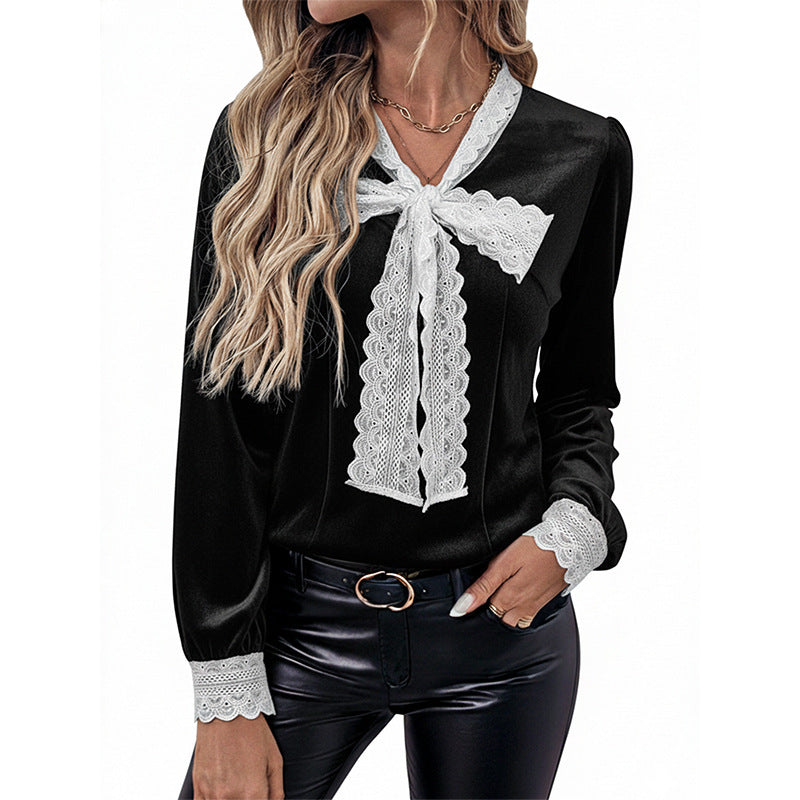 Women's Elegant Velvet Blouse with Lace Bow Collar, Lace Hem & Tailored Silhouette