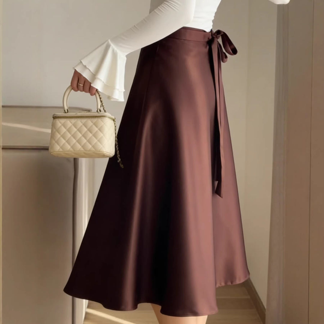 Women High-Waisted A-Line Midi Skirt with Ties and Satin Finish Mune Fashion