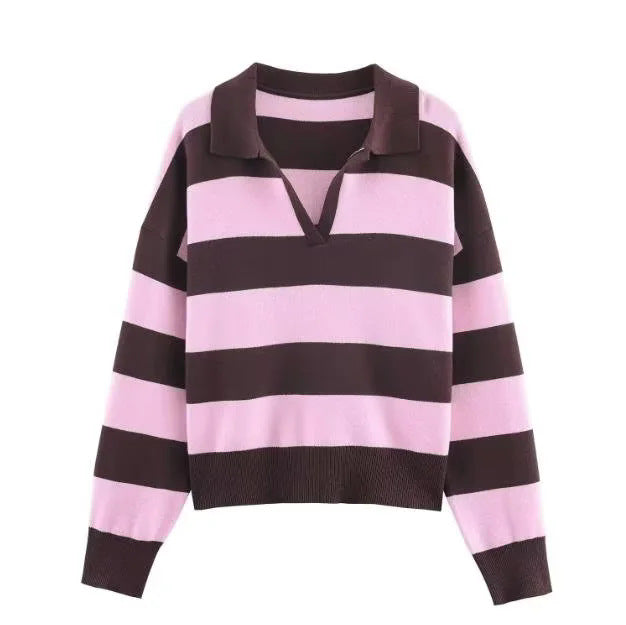 Women's oversized rugby pullover with polo collar, V-neck and wide stripes Mune Fashion