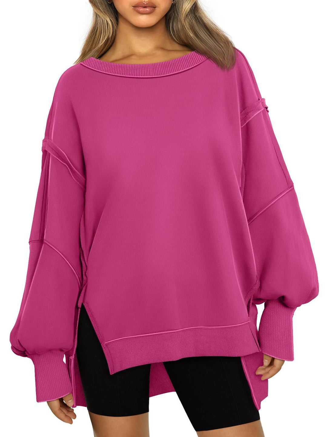 Ladies Soft Longline Sweatshirt with Balloon Sleeves, Side Slits and Ribbed Hem Mune Fashion