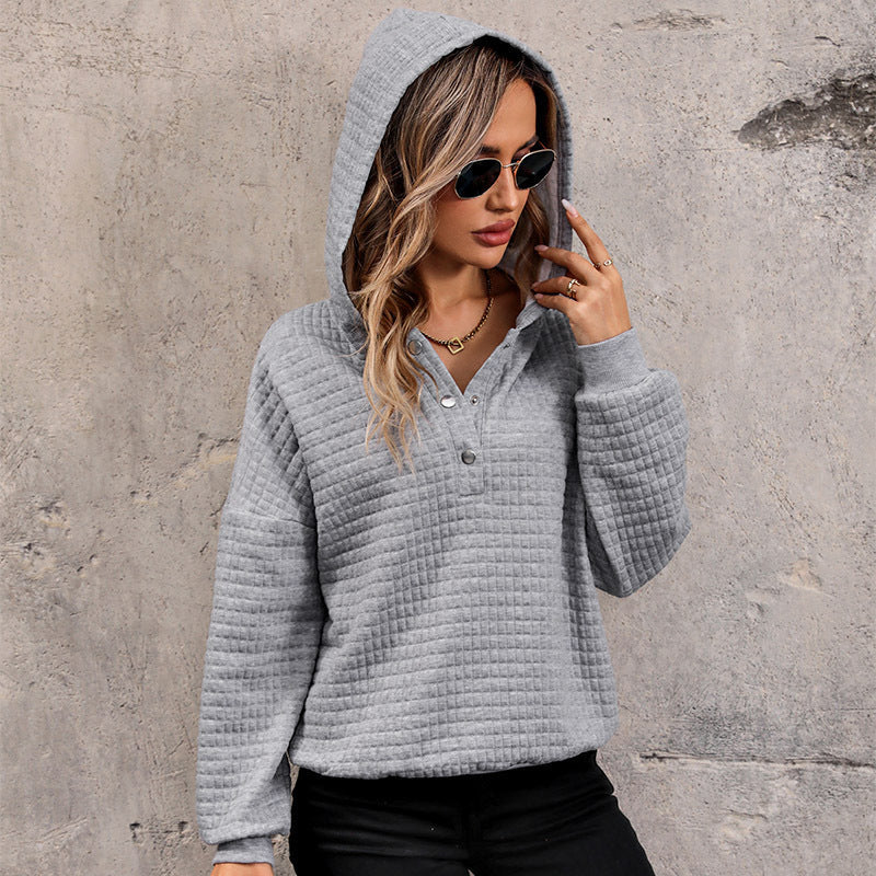 Women's Quilted Waffle Knit Henley Hoodie with Snap Placket Mune Fashion