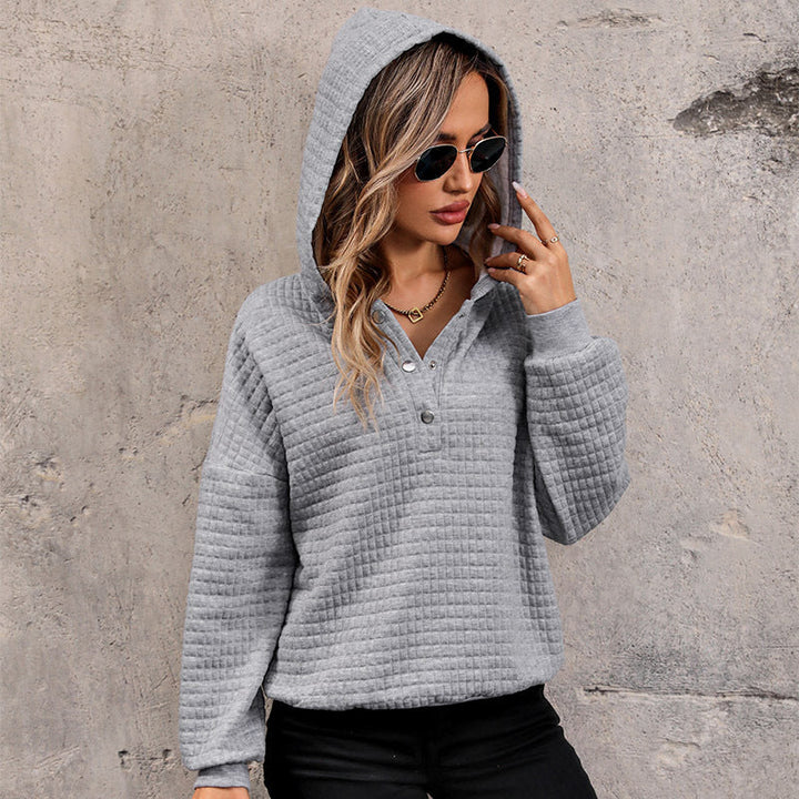 Women's Quilted Waffle Knit Henley Hoodie with Snap Placket Mune Fashion
