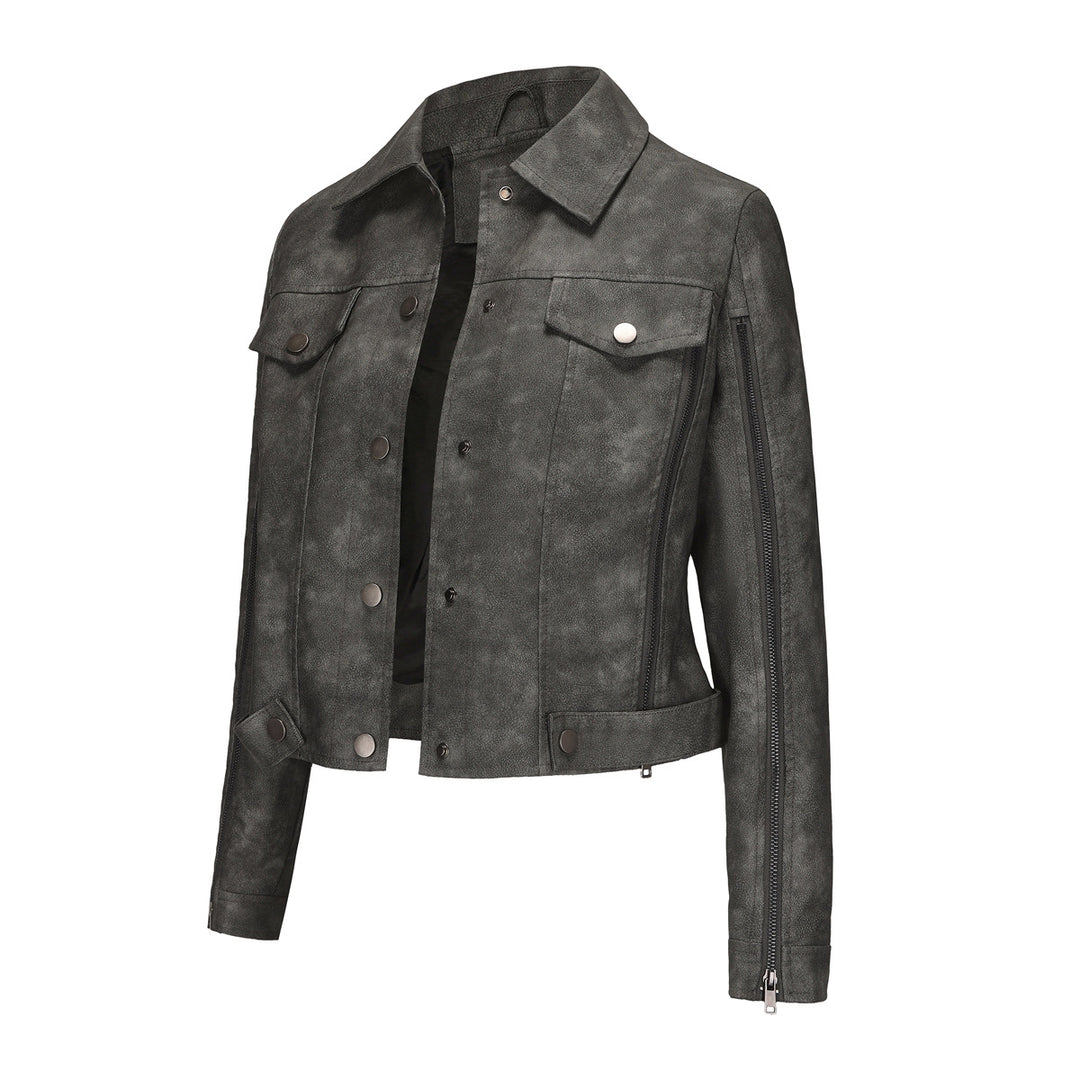 Ladies short cropped trucker jacket made of suede look with side zippers and patch chest pockets Mune Fashion