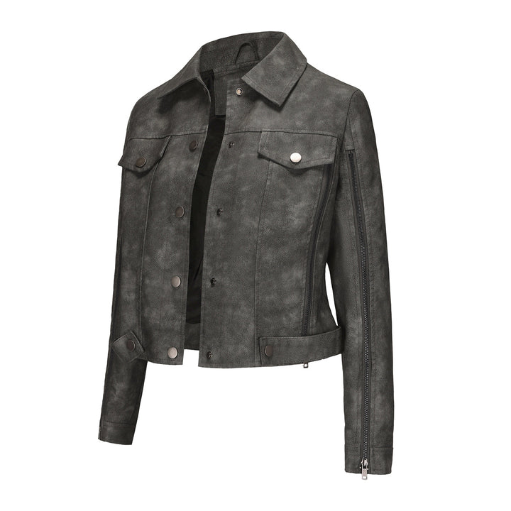 Ladies short cropped trucker jacket made of suede look with side zippers and patch chest pockets Mune Fashion