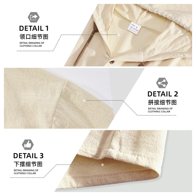 Men's tailored short-sleeve hooded shirt in textured linen look with wood look buttons and drawstring Mune Fashion