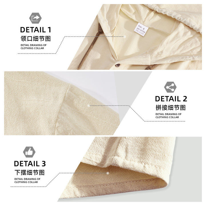 Men's tailored short-sleeve hooded shirt in textured linen look with wood look buttons and drawstring Mune Fashion