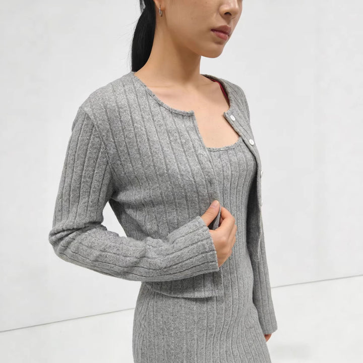 Women's Ribbed Knit Dress with Matching Short Cardigan Drune