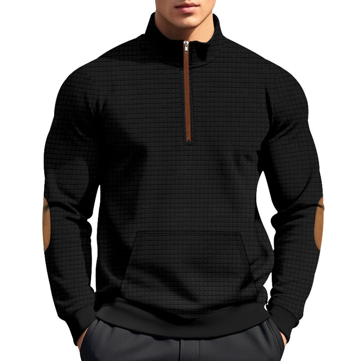 Men's quilted half-zip sweatshirt with stand-up collar, kangaroo pocket, and faux leather elbow patches Mune Fashion