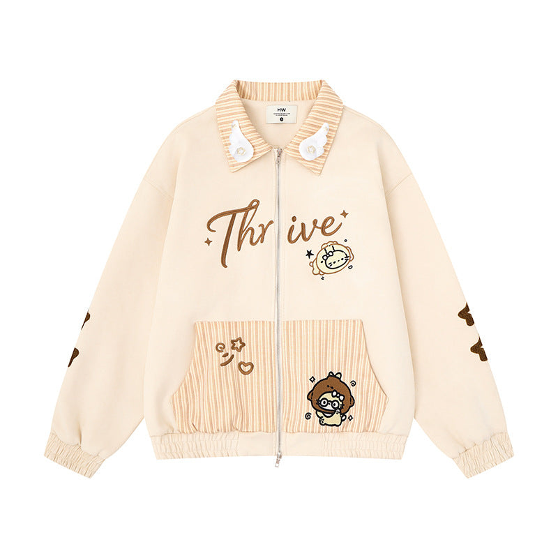 Women's zip sweat jacket with striped collar, front pockets and cute embroidery Mune Fashion