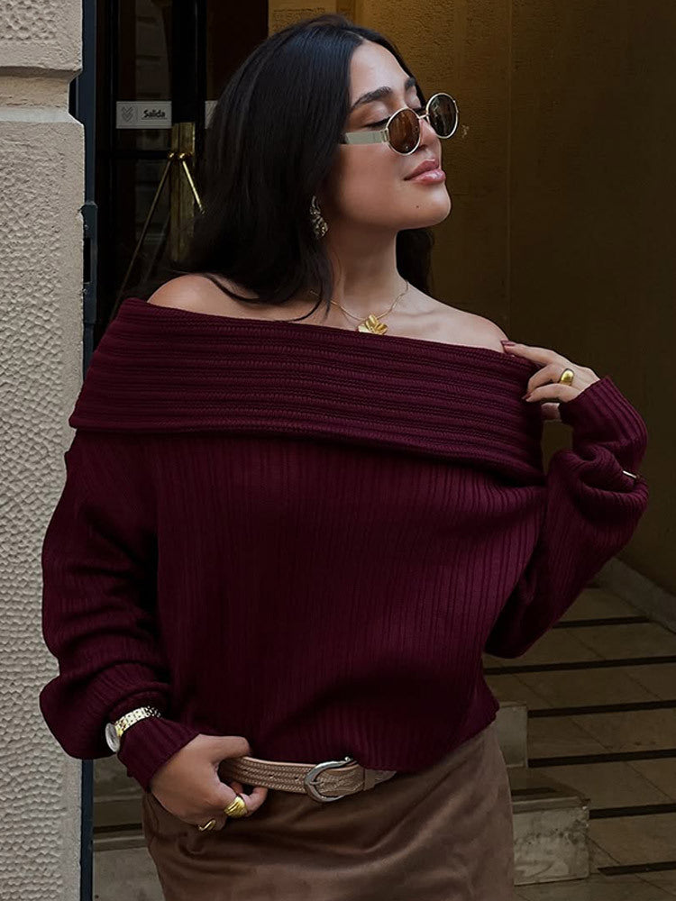 Women Off-Shoulder Ribbed Knit Sweater with Wide Folded Collar Mune Fashion