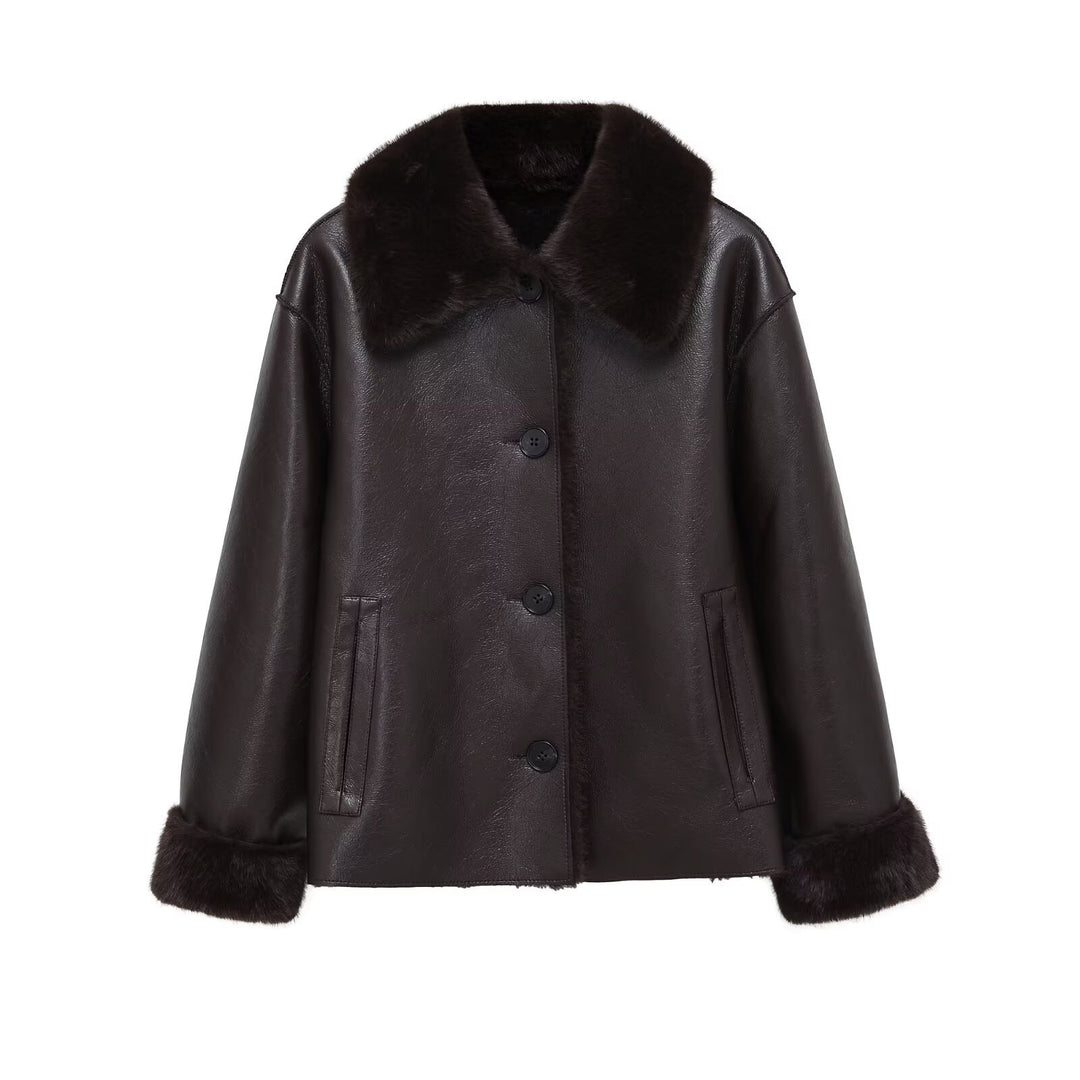 Women Boxy Faux Leather Jacket with Faux Fur Collar, Lambswool Imitation Lining and Button Closure Mune Fashion