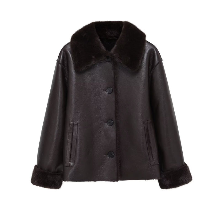 Women Boxy Faux Leather Jacket with Faux Fur Collar, Lambswool Imitation Lining and Button Closure Mune Fashion
