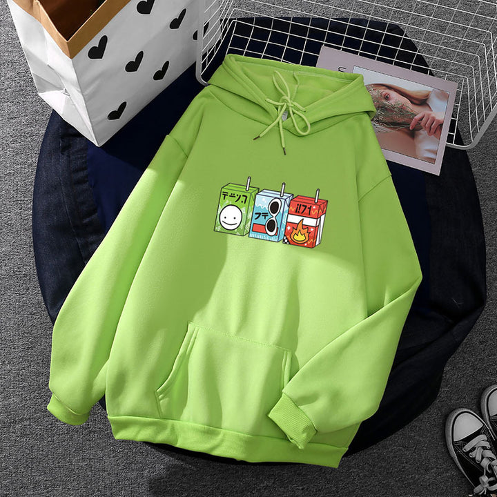 Ladies oversized hoodie with cartoon drink carton print, kangaroo pocket and soft inner lining Mune Fashion